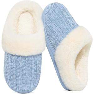 Evshine Women's Warm Chenille Knit House Slippers Comfy Memory Foam Winter Slippers with Faux Fur Collar and Indoor Outdoor Soles Blue, 38-39 (Size 7-7.5)