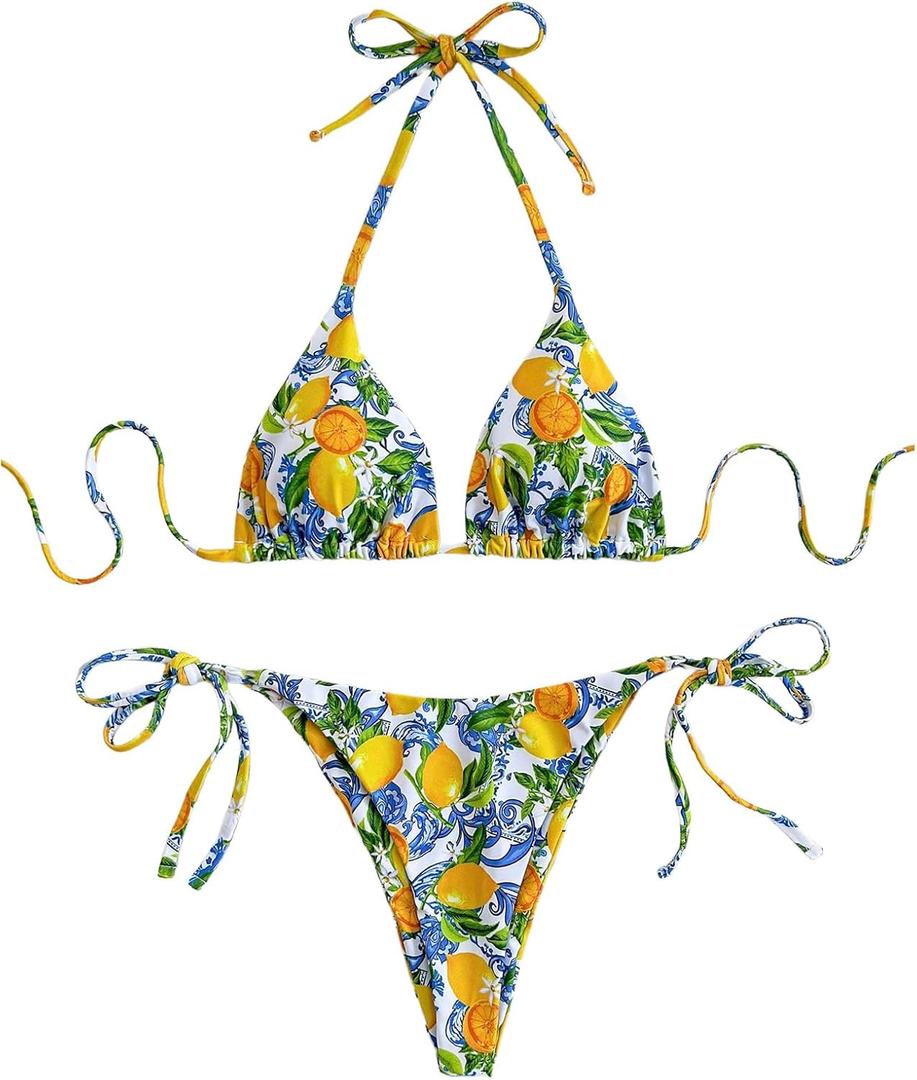 GORGLITTER Women's High Waisted Thong Bikini Set Lemon Graphic Halter Triangle Top Swimsuit Bathing Suit (Large, Orange Multicolor)