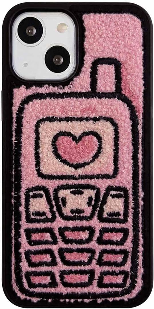 Compatible with iPhone 13 Case 6.1inch,Cute Embroidered Cellphone Furry Plush Phone Case,Pink Warm Fluffy Terry Texture Soft Shockproof Protective Cover for Cool Girls Women (Pink Cellphone)