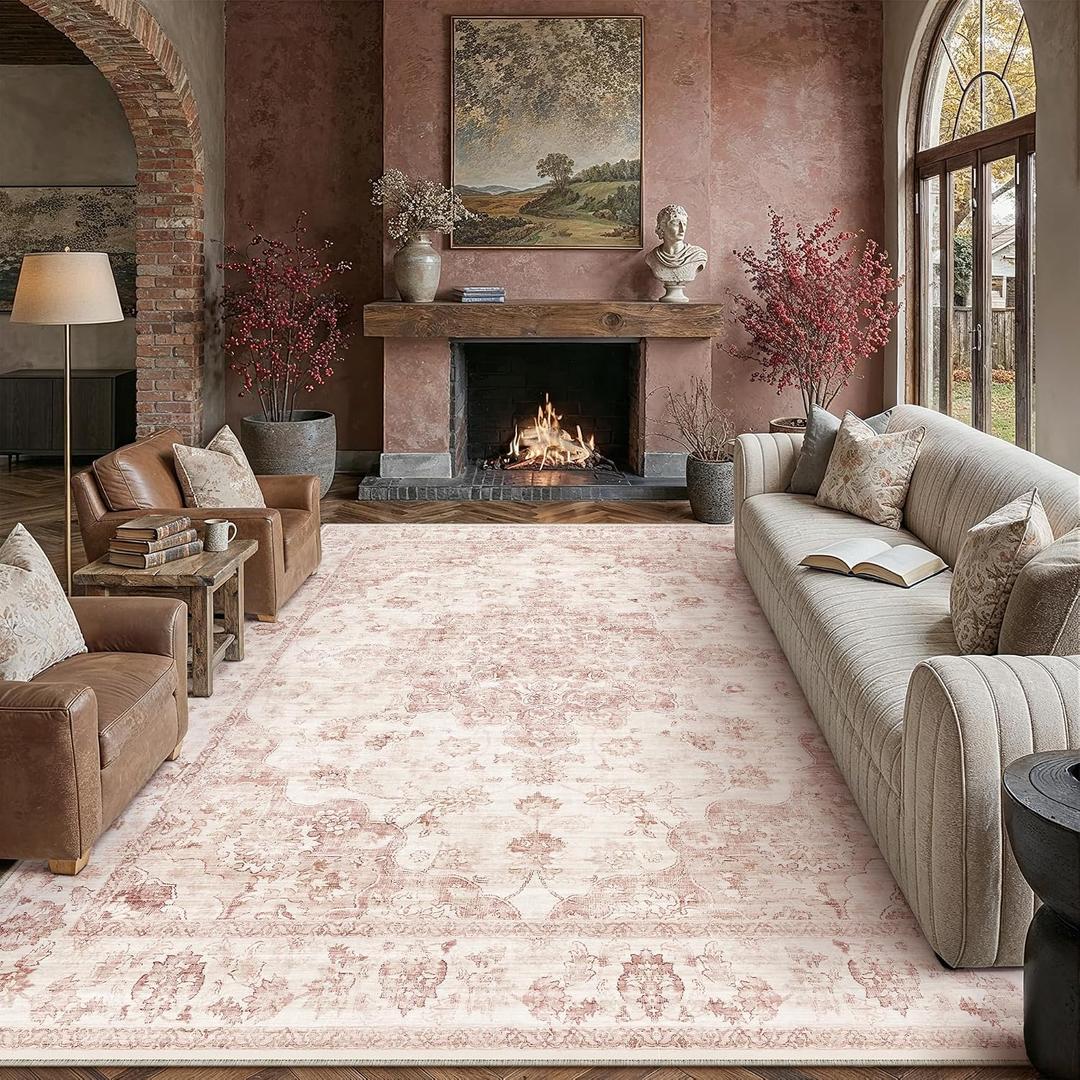 10x12 Neutral Area Rug Pink Vintage Living Room Bedroom Washable Carpet Non-Slip Soft Low Pile Farmhouse Indoor Large Throw Rug for Dining Room Office