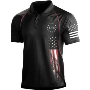 HARGLESMAN 1776 Independence Day American Flag Print Patriotic Shirt for Men Short Sleeve Polo Quick Dry Breathable Athletic Tees Tactical Golf Tennis Tops Outdoor Activities Big Tall Black 3XL