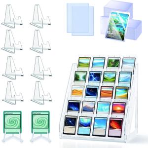 Leinuosen 5 Tier 12 x 13 Inch Acrylic Trading Card Display Stand Combo Set, Includes 50 Card Sleeves & 10 Mini Easel Stands Tool-free Assembly for Baseball Basketball Football Graded Cards