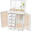 Jewelry Box Organizer, Farmhouse Wooden Jewelry Boxes for Women Girls, 6 Layer Jewelry Case Storage with Bracelet Holder Display Hooks for Necklaces Earrings Rings Bracelets (Weathered White)