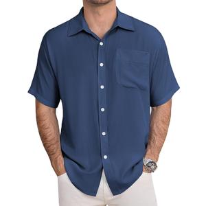 URRU Men's Shirts Casual Short Sleeve Button Down Shirt Summer Dress Shirts Loose Fit Beach Shirts Vacation Tops (Blue, M)