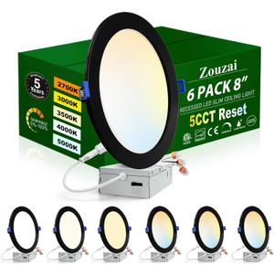 zouzai 8 Inch Black 18W Eqv 150W 1685LM 5CCT Ultra-Thin LED Recessed Ceiling Light with Junction Box 2700K/3000K/3500K/4000K/5000K Selectable, Dimmable ETL and Energy Star Certified【6 Pack 】