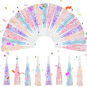 24 Pcs Party Blowers Glitter Iridescent Mermaid Unicorn Princess Noise Makers Metallic Fringed Horns Bulk for Graduation Birthday Favors Kids Decor(Pink, Purple, Blue, White)