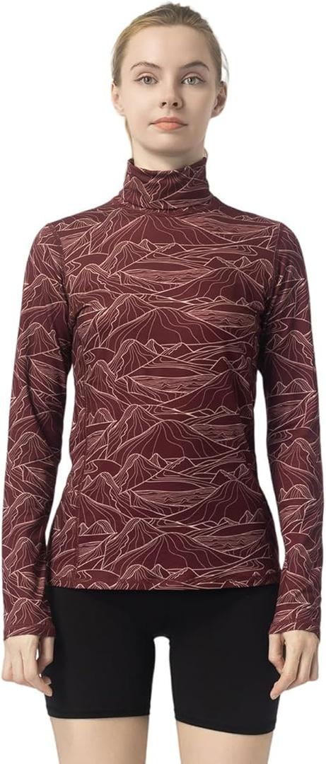 Leapstride Women's Slim Fit Turtleneck Performance Base Layer Long Sleeve Top with Mountain Print, Moisture-Wicking Fabric for Workouts & Outdoor Activities