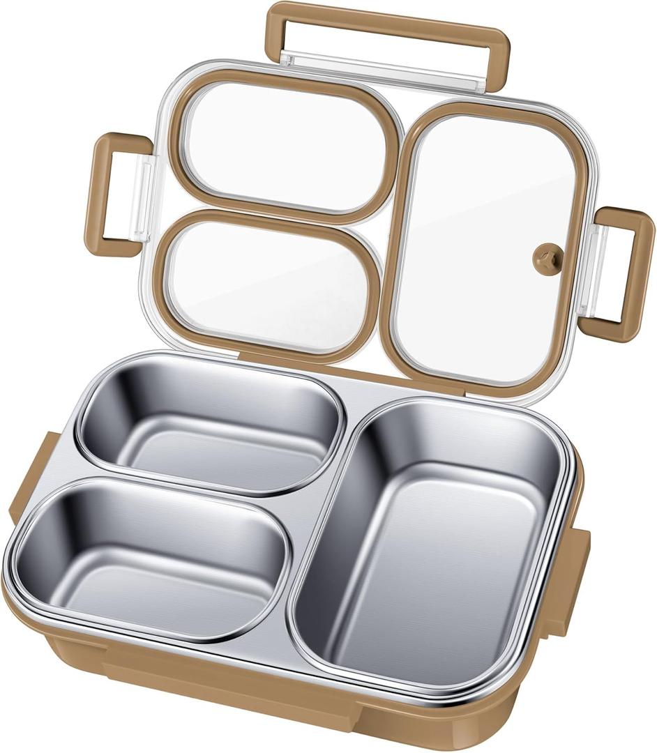 Stainless Steel Lunch Box for Kids & Adults - 25 oz - Leakproof 3 Compartment Metal Lunch Container - 18/8 Stainless Steel Bento Box - Ideal for School, Office & Outdoor - Dishwasher Safe (Khaki) Stainless Steel Lunch Box for Kids & Adults - 25 oz - Leakproof 3 Compartment Metal Lunch Container - 18/8 Stainless Steel Bento Box - Ideal for School, Office & Outdoor - Dishwasher Safe (Khaki)