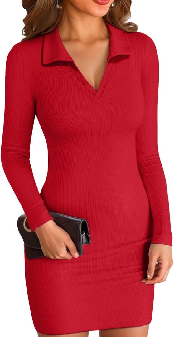 VICHYIE Women Lapel Neck Ribbed Bodycon Tight Fall Dress Long Sleeve Mid Thigh Pencil Above Knee Dresses (Large, Red)