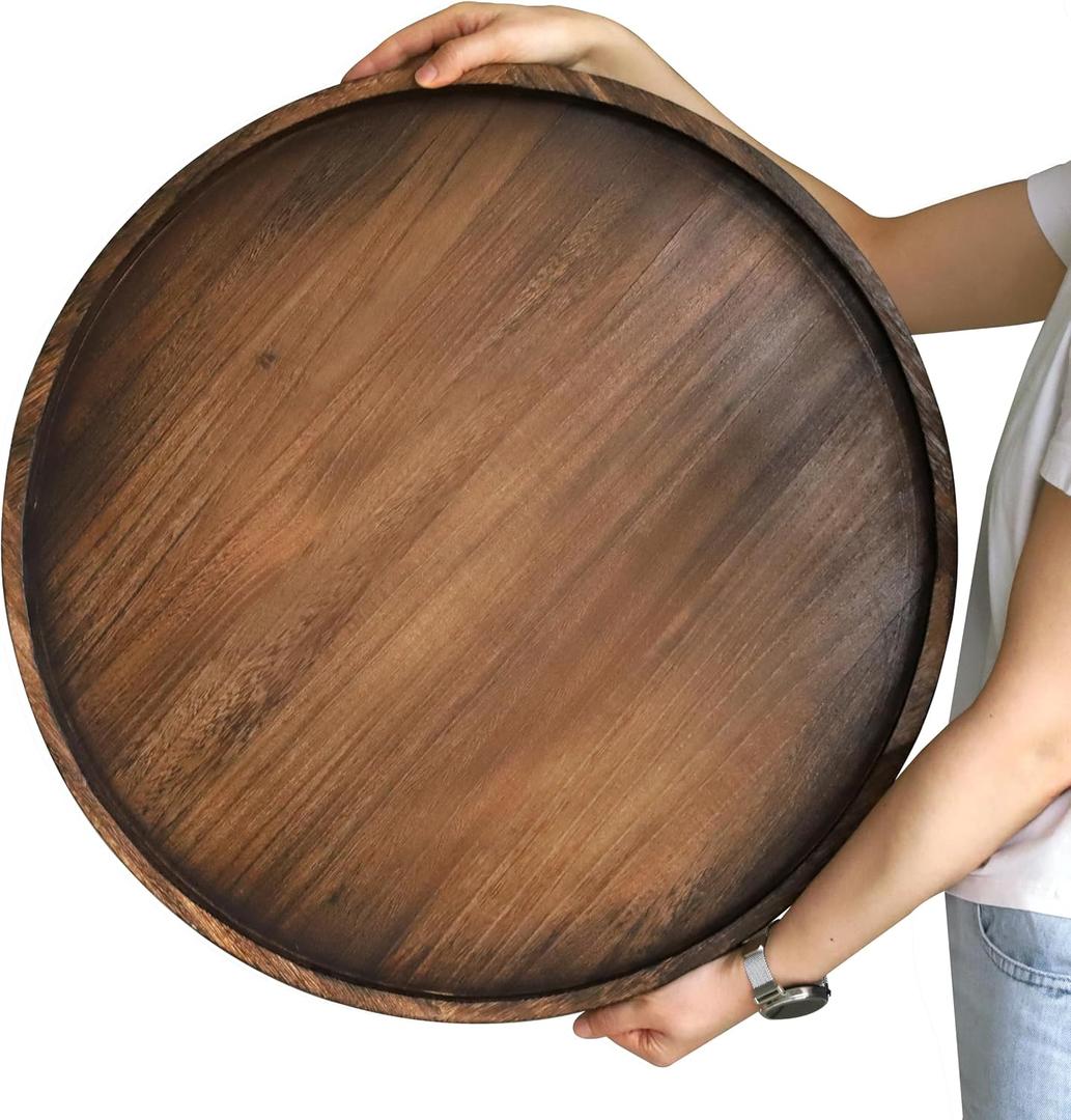 Gurfuy Round Wood Ottoman Serving Tray 24" - Rustic Wooden Table Tray for Farmhouse Decorative Oversized Coffee Table Trays Living Room Kitchen Counter Breakfast Brown