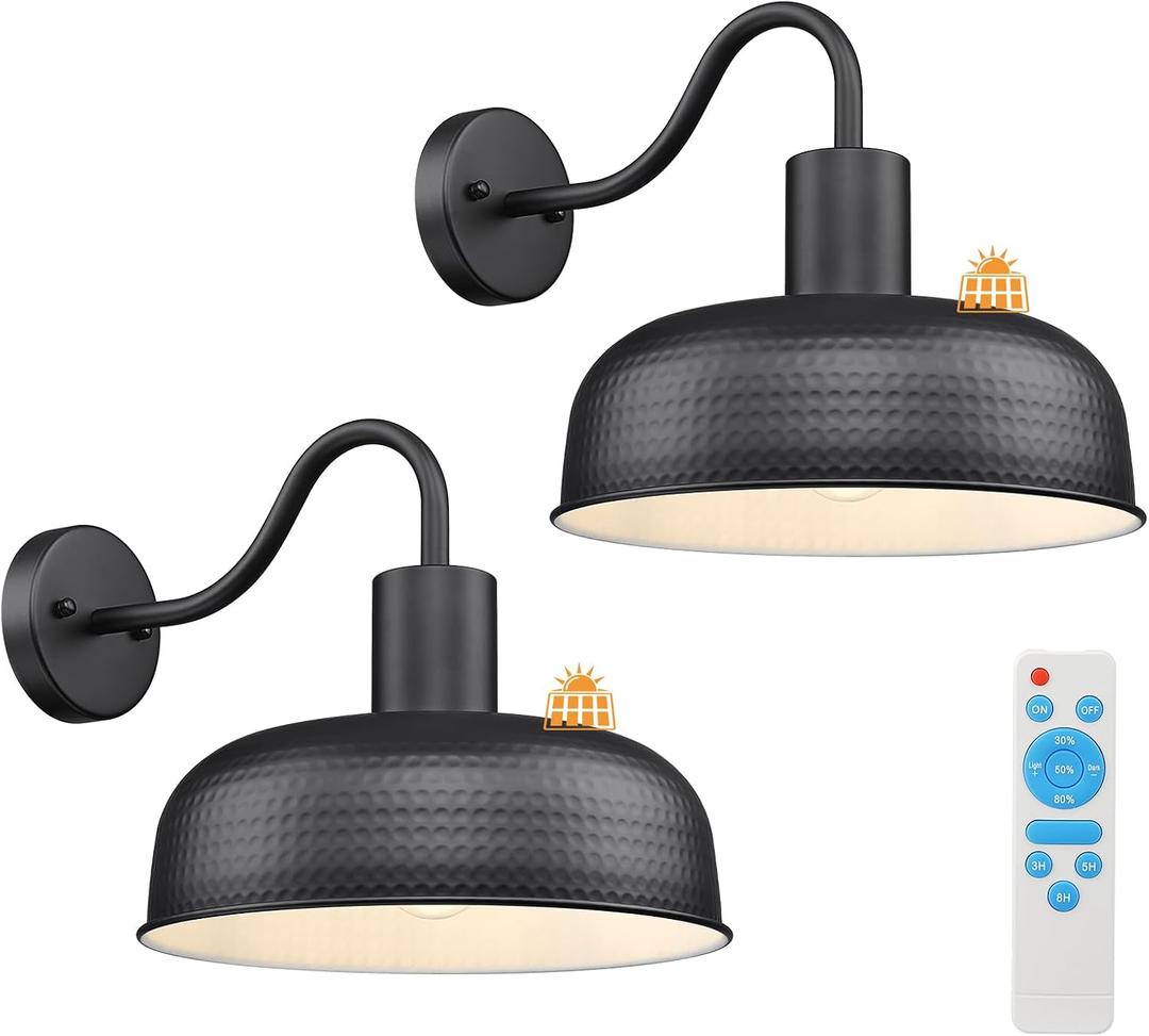 Darkaway 2pcs Solar Barn Light, Industrial Outdoor Wall Light Dusk to Dawn Wall Sconce Gooseneck Exterior Wall Mount Lighting with Hammered Dome Metal Shade for House Garage Porch Entry Hallway