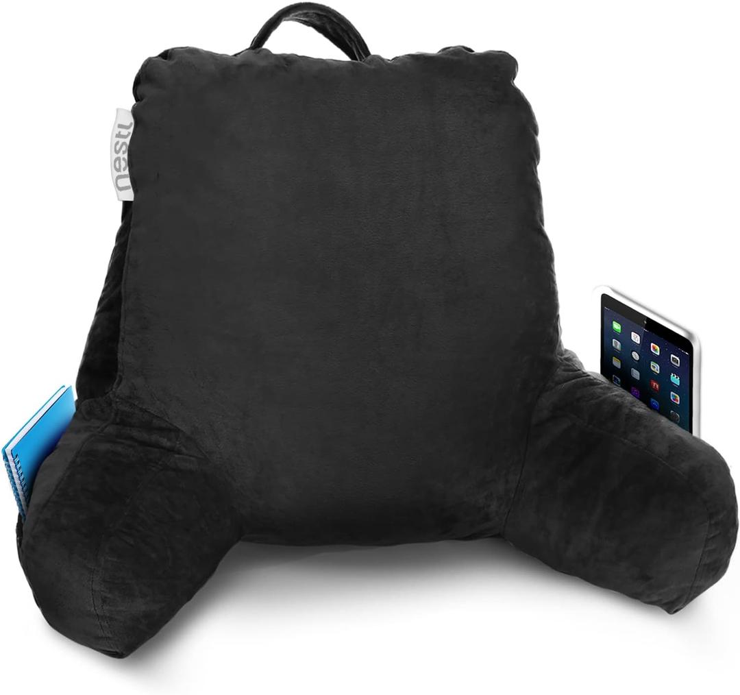 Nestl Reading Pillow Standard Bed Pillow, Back Pillow for Sitting in Bed Shredded Memory Foam Chair Pillow, Reading & Bed Rest Pillows Black Back Pillow for Bed, Bed Chair Arm Pillow with Pockets (06 - Black)