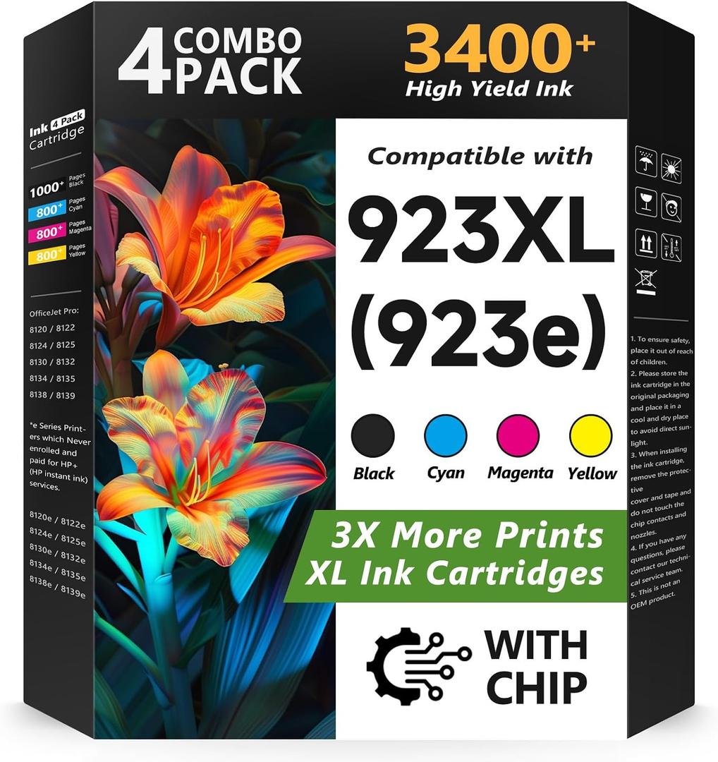 923 923XL 8130e 8120e Ink Cartridges Combo Pack Replacement for HP 923 Ink Cartridges 923XL for HP Ink 923 for OfficeJet Pro 8130e 8135e 8138e 8139e 9130 8125e 8122e 8120 8124e (4 Pack)