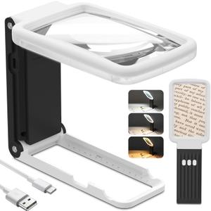 10X Magnifying Glass with Light and Stand, Real Glass Lens, Rechargeable Foldable Handheld Magnifier, 3 Color Modes Dimmable Lighted Page Magnifier for Reading Fine Prints, Low Vision Seniors (White Black)