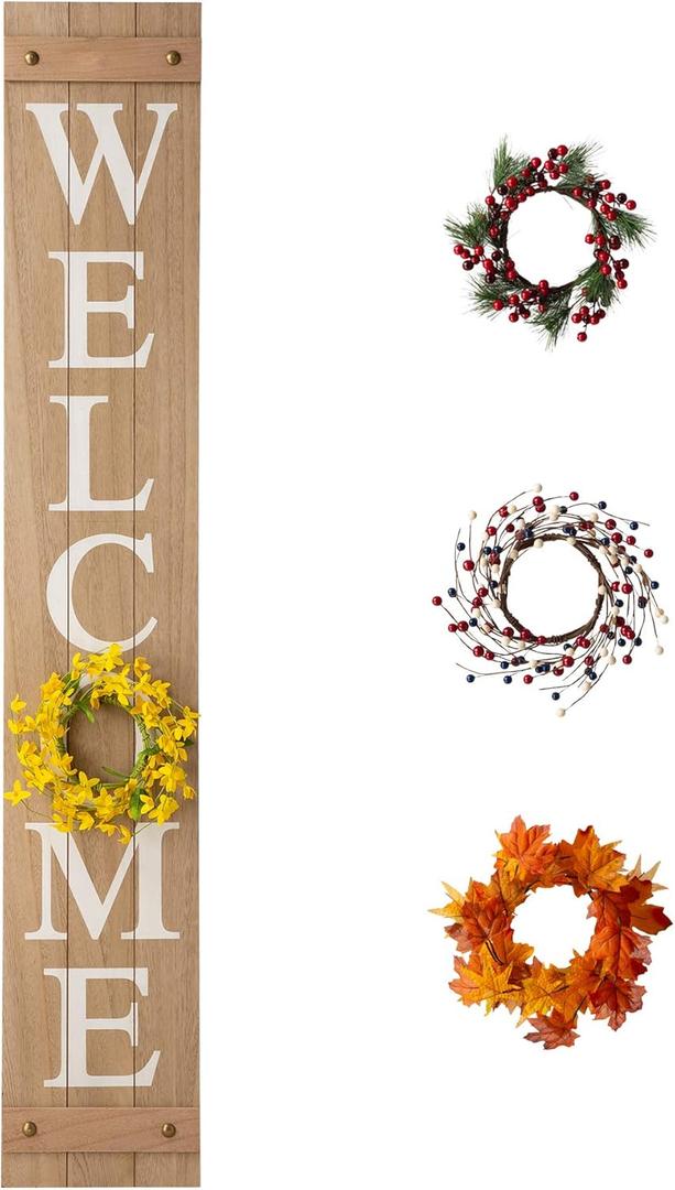 Glitzhome Wooden Welcome Sign for Porch Front Door Rustic Farmhouse Style Hanging Standing Porch Outdoor with Changable Wreathes, 60" H, Natural