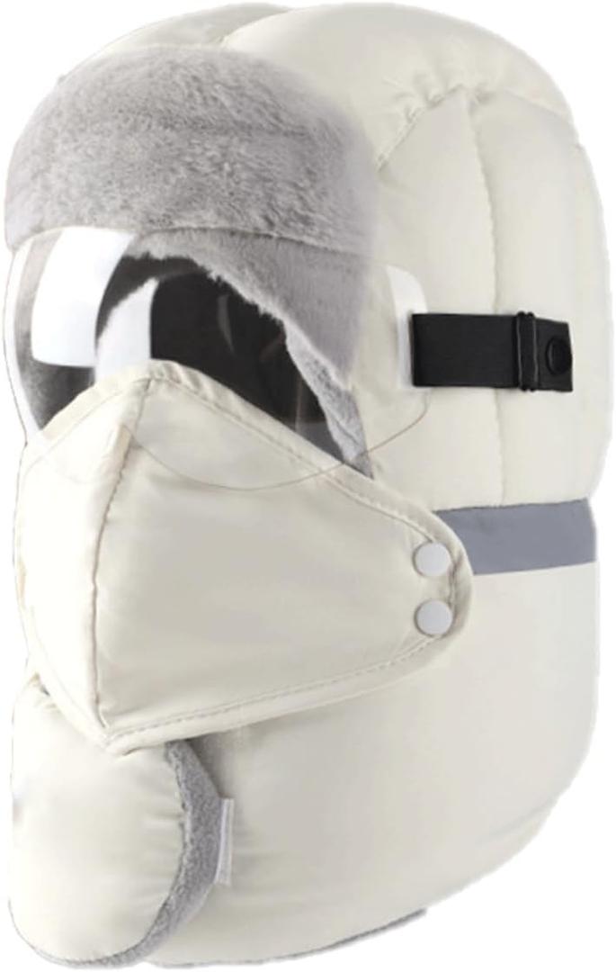 Winter Trapper Hat for Men, Hat Warm Winter, Removable Face Mask Goggles Ear Flaps, Hats for Cold Weather (White)