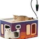 Heated Cat House for Indoor Cats - Large Cat Warming Bed for Winter with Fluffy Ball Hanging and Adjustable Heating Pad, Foldable Cat Hideaway,23x16.5x13 inches, Navy Blue