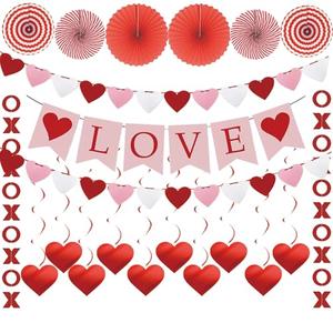 Valentine’s Day Decorations Set – LOVE Banner, 2 XO Garlands, 2 Heart Garlands, 10 Hanging Swirl Hearts & 6 Paper Fans, Red Pink White Valentine Party Decor
