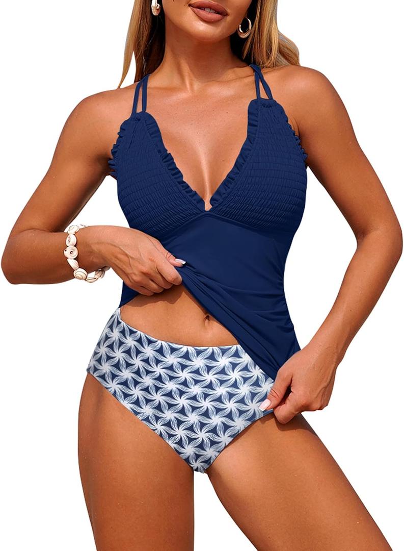 ZAFUL Womens Tankini Swimsuits Smocked 2 Piece Bathing Suits Modest Tie Back Swimwear, Medium