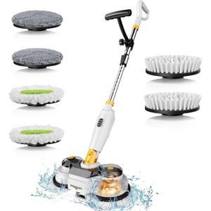 Cordless Electric Mop for Dewalt 20V Battery (NO Battery), 2 in 1 Spin Mop & Electric Floor Scrubber Machine with LED Light & Water Spray, 800 RPM Rotating Electric Mops for Floor (White Yellow)