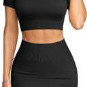 OQQ Women's 2 Piece Outfits Short Sleeve Tops and Mini Skirts Club Suit Sets Black, Small