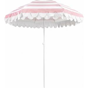 Funsite 6.5Ft Classic Beach Umbrella with Fringe, Scalloped Patio Umbrella with Push Button Tilt, UPF50+ Portable Outdoor Umbrellas for Garden Lawn Pool, Carry Bag, Pink White Stripe