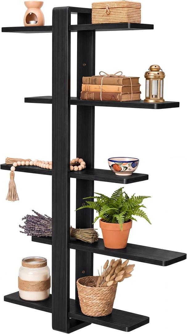 Pinkunn Floating Shelves for Wall, 5 Tier Wall Mounted Shelf Unit with 19.7 Inch Pine Wood Shelves and Black Frame, Decorative Plant Photo Book Display Shelf for Living Room Bedroom Bathroom, 39.76 inches x 6.3 inches x 6.3 inches