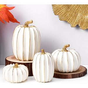 4 Pcs Fall Pumpkin Decor Resin Thanksgiving Fake Pumpkins Figurines for Decorating White and Gold Artificial Pumpkins Table Centerpieces for Farmhouse Home Harvest Decoration Halloween Indoor
