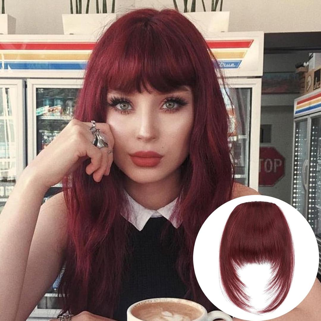 VAVANGA French Clip on Bangs, Burgundy Long Wispy Bangs Hair Clip with Temple Full Fringe Curtain Bangs Hair Clip Hair Piece Thick Fake Bangs Clip in for Women(#99J/118A-Burgundy)