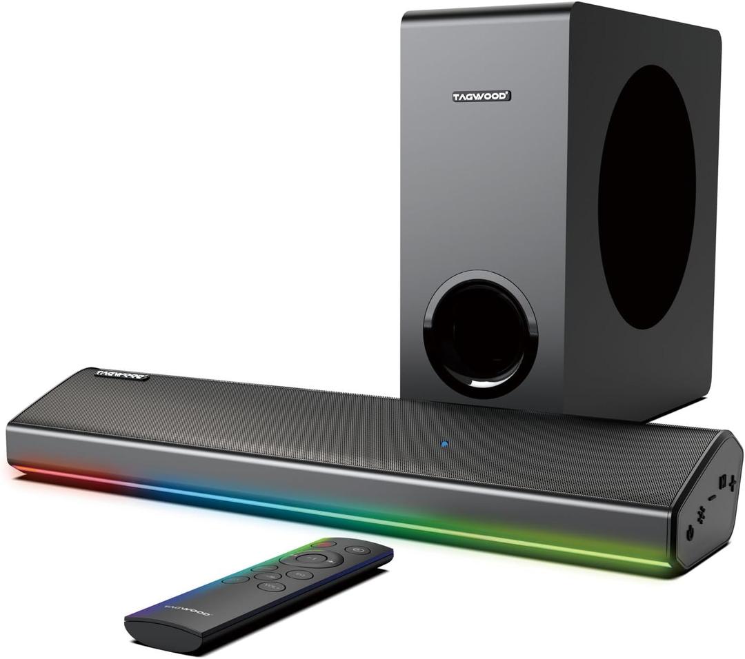 2.1 Channel RGB Gaming Soundbar Speaker with Subwoofer for TV and PC | Bluetooth Sound Bar with Dynamic LED Lights Sync to Music & Games HDMI ARC/Optical/AUX/USB