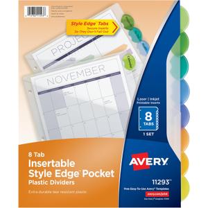Avery Plastic 8-Tab Binder Dividers with Pockets, Style Edge Insertable Multicolor Tabs, 1 Set (11293)