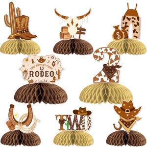 8Pcs Cowboy 2nd Birthday Honeycomb Centerpieces with Western Boots Cactus Hat Printed, This Ain't My First Rodeo It's My Second Birthday Party Decorations Supplies