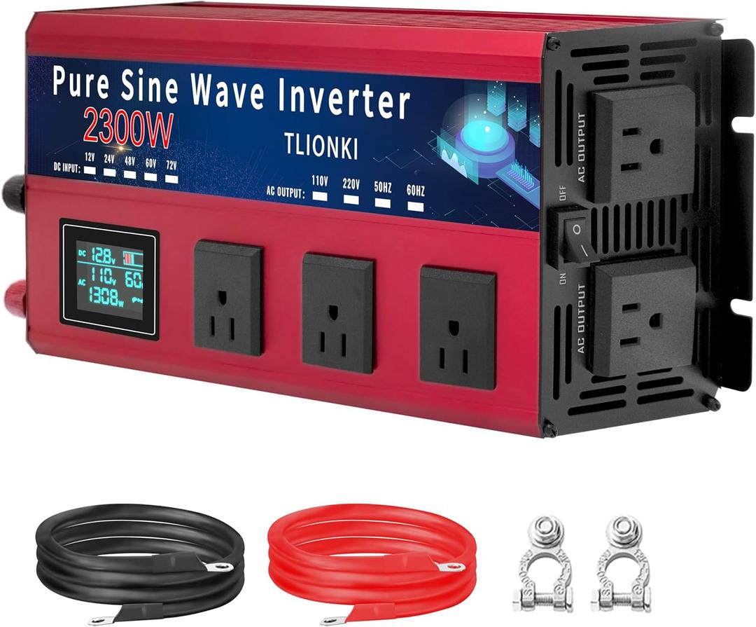 2300W Pure Sine Wave Inverter, DC 12V to AC 110V Power Inverter with 5 AC Outlets, LCD Display,4600W Peak 12 Volt Converter, Suitable for RV, Camping, Home & Emergency
