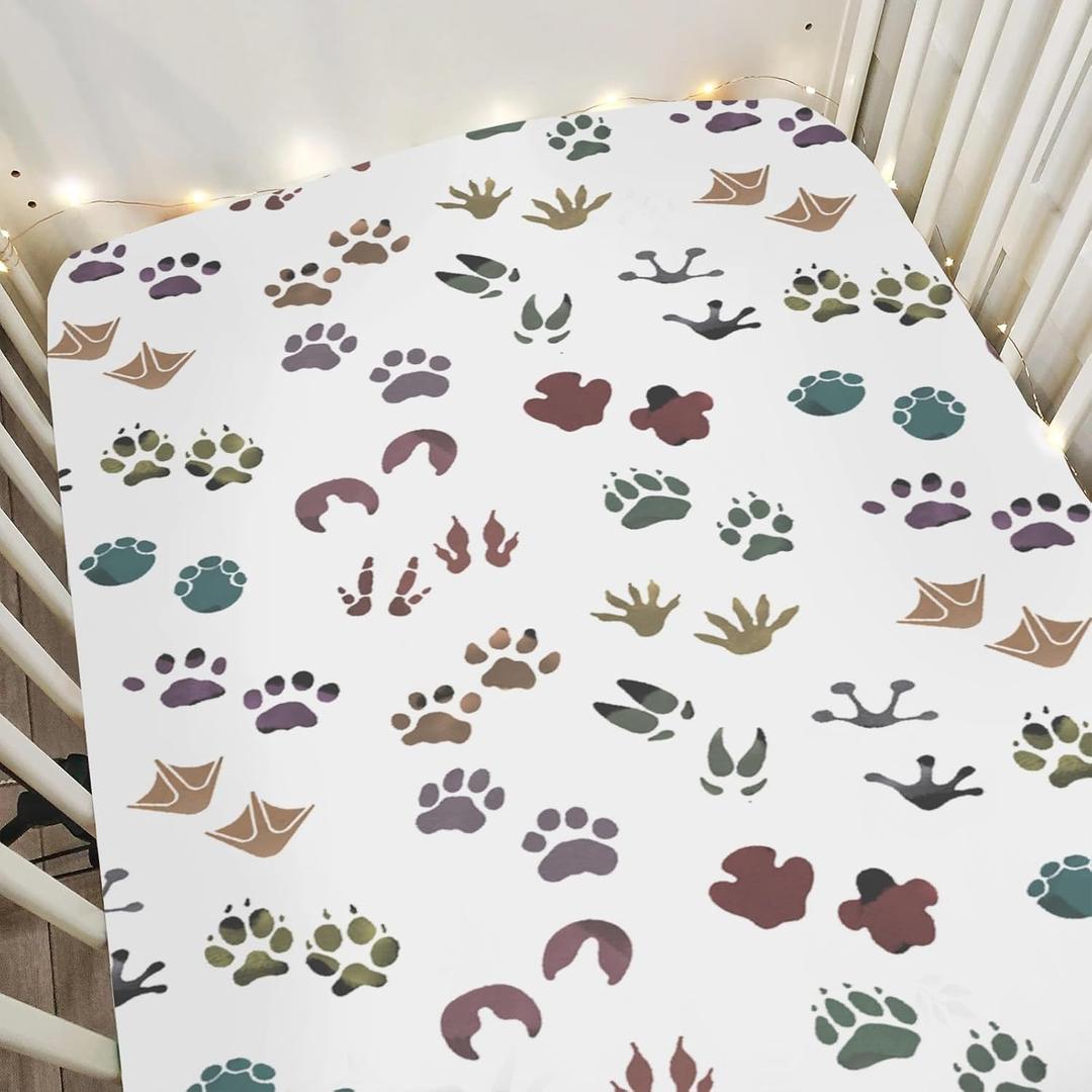 Cute Animal Tracks Baby Crib Sheets for Boy Girl 52"x28" Boho Animal Footprints Soft Snug Fitted Crib Mattress Covers Outdoor Wilderness Nursery Baby Sheet for Standard Crib & Toddler Bed Mattress (One size)