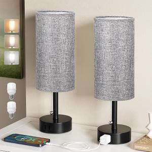 Fenmzee Grey Bedside Table Lamps Set of 2-3 Color Temperatures Pull Chain Lamp with AC Outlet Charging Port, Round Night Stand Lamps for Bedroom Office, Small Bed Side Light with E26 LED Bulbs,14.0in - AC