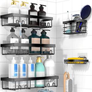 Moforoco Adhesive Shower Caddy Organizer Shelves Rack - 5 Pack Corner Bathroom Storage Organization, Home & Kitchen Decor Inside RV Accessories, Hanging First Apartment Household Camper Essentials (Black)