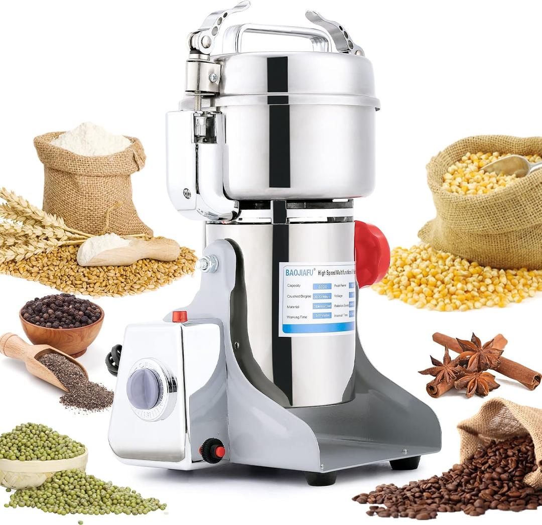 Electric Grain Mill Grinder 800g High-speed Grain Spice Herb 1800W Dry Grinding Machine 304 Stainless Steel Superfine powder High-speed Grain Mill 36000r/min for Kitchen Home and Commercial