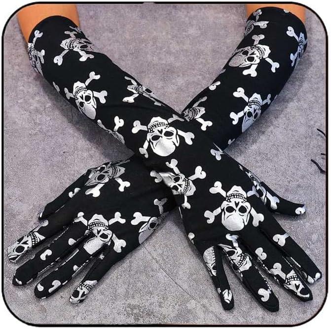 Latious Skull Long Finger Satin Gloves Black Skull Elbow Length Gloves Halloween Cosplay Costume Accessories for Women