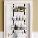 Over the Door Pantry Organizer 3 Tier Hanging Basket Back Door Storage Rack Shelf Metal Over the Door Shelves with 3 Baskets and 5 Hooks for Bathroom Kitchen Pantry Bedroom, Black