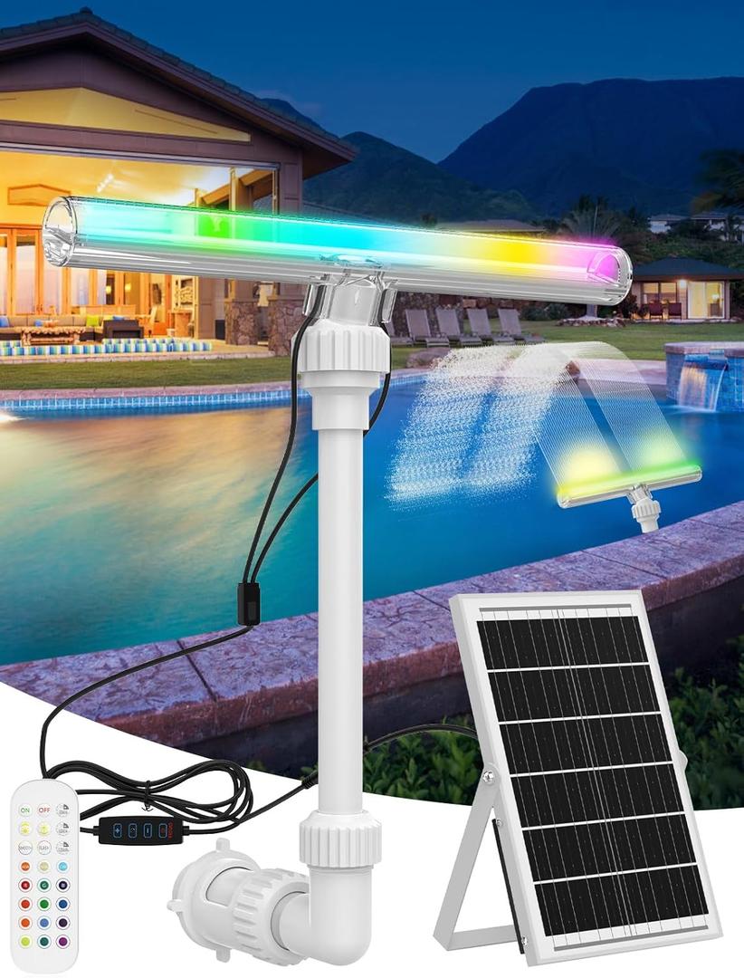 Solar Pool Fountain with 15-Color 10-Mode LED Lights, Above/Inground Pool Fountain Waterfall with Remote & Solar Panel, Adjustable Pool Sprinkler Relaxation & Cooling 1020F