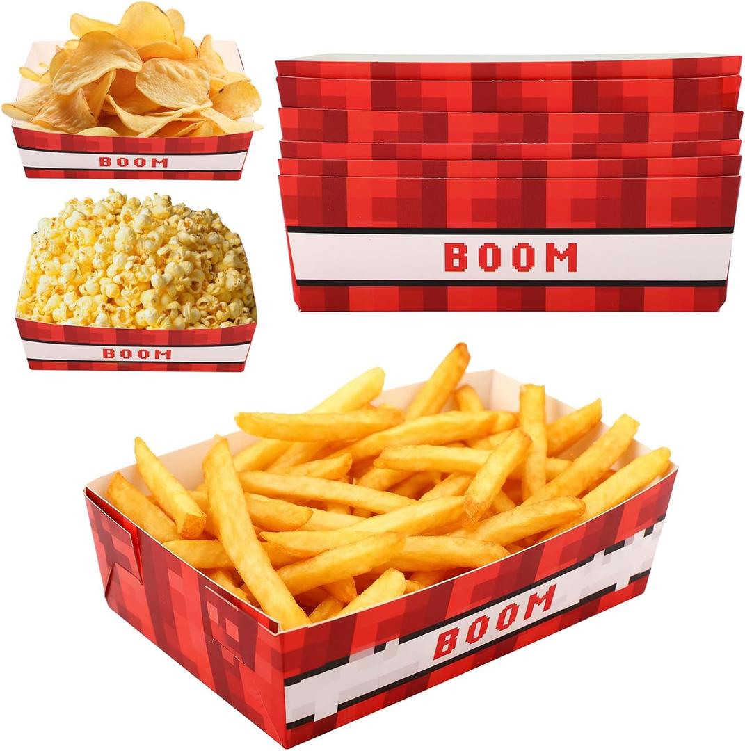 25pcs Pixel Party Trays, 12x8.5x4cm/4.7x3.3x1.5in Fun Video Game Theme Paper Food Plates for Pixel Game Theme Birthday Party Food Supplies Decorations (Red)