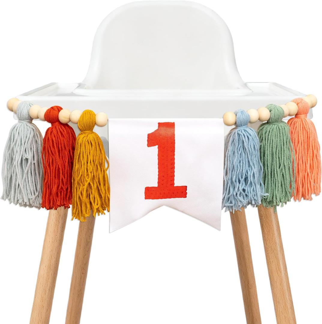 Boho Rainbow High Chair Banner - Retro Colorful First Birthday Highchair Banner, Green Orange Yellow Blue Red Tassel 1st Birthday Decor for Party, Smash Cake, Photo Props