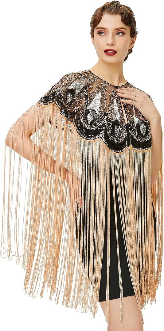 BABEYOND 1920s Shawl Wraps Long Fringed Evening Cape Sequin Beaded Party Shawl (Style 2 - Black Gold)