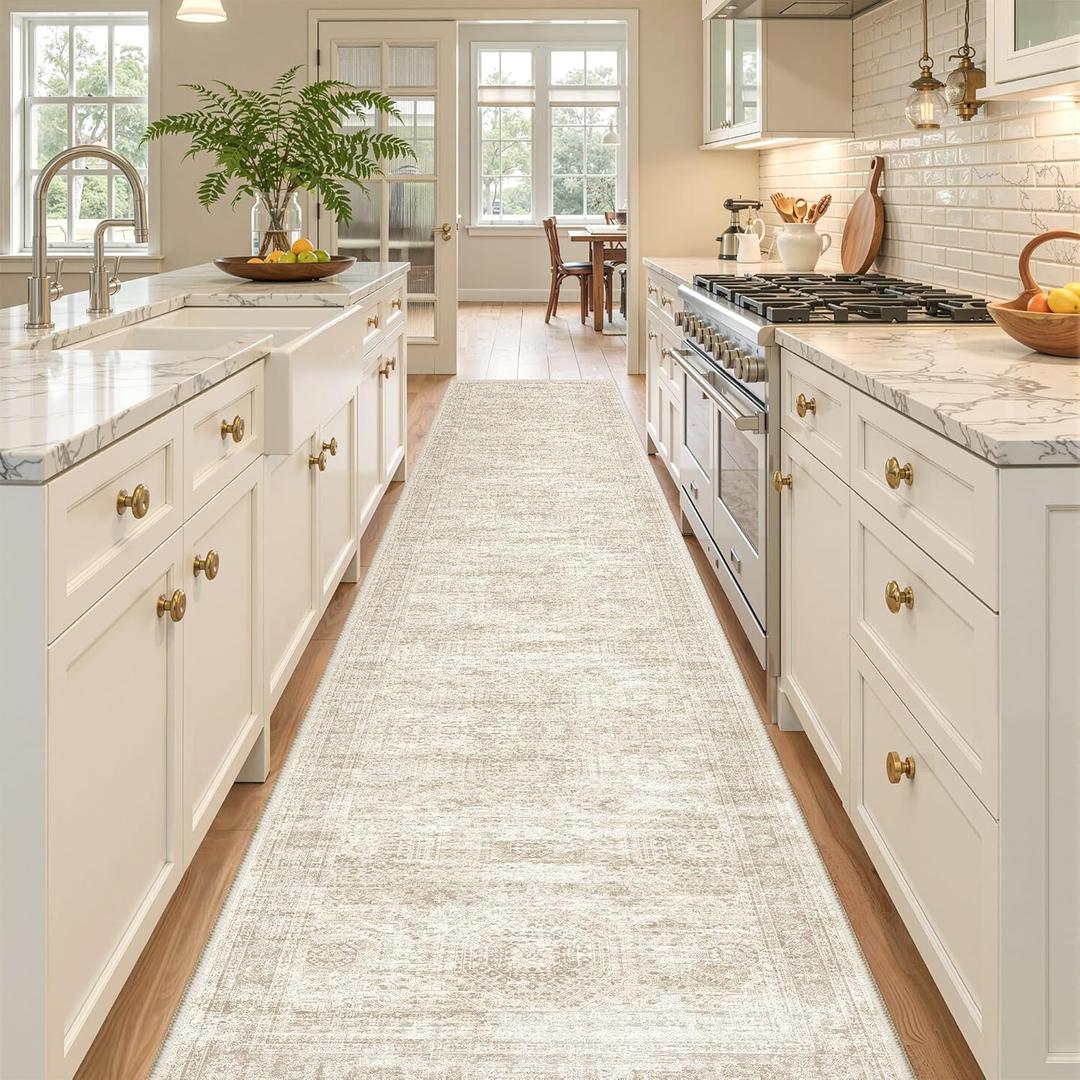 Long Hallway Runner Rug- Carpet Runners for Hallway 12ft, Anti Slip Backing Washable Rug Runner for Bathroom, Entrance, Living Room, Soft Low Pile Modern Rug Runner(2'x12', Beige/Ivory)