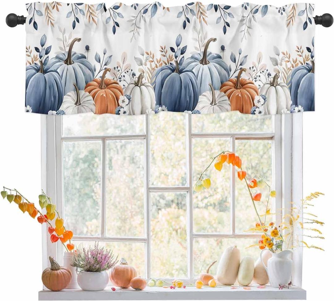 Fall Valance Curtain Pumpkin Blue Kitchen Curtain Thanksgiving Autumn Leaves Window Treatment Topper Curtains for Kitchen Living Room Bathroom Fall Seasonal Decor 1 Panel 54x18 Inch