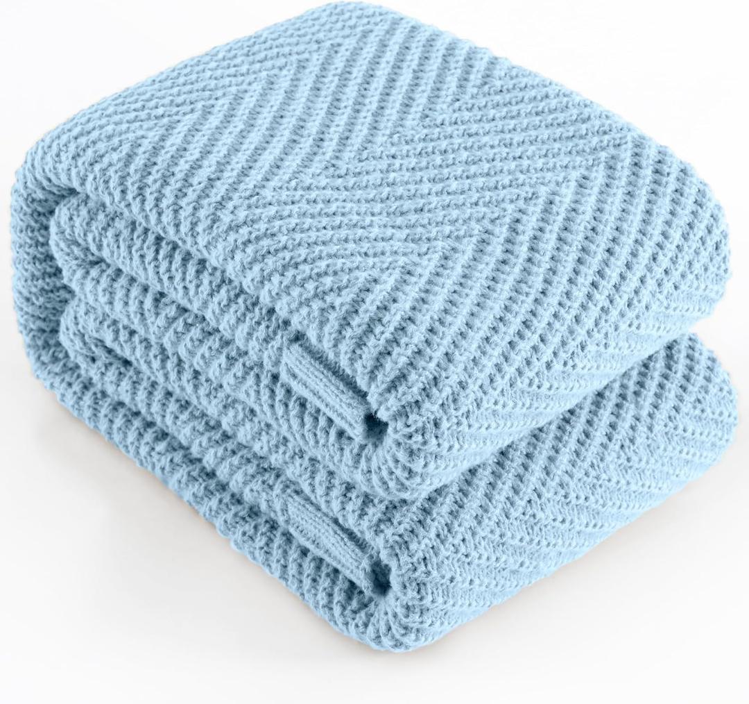 Knitted Throw Blanket 50"X60", Light Blue Knit Throws for Bed, Super Soft Boho Chevron Blankets for Couch Sofa Chair Room Decor, Textured Decorative Farmhouse Cozy Lightweight