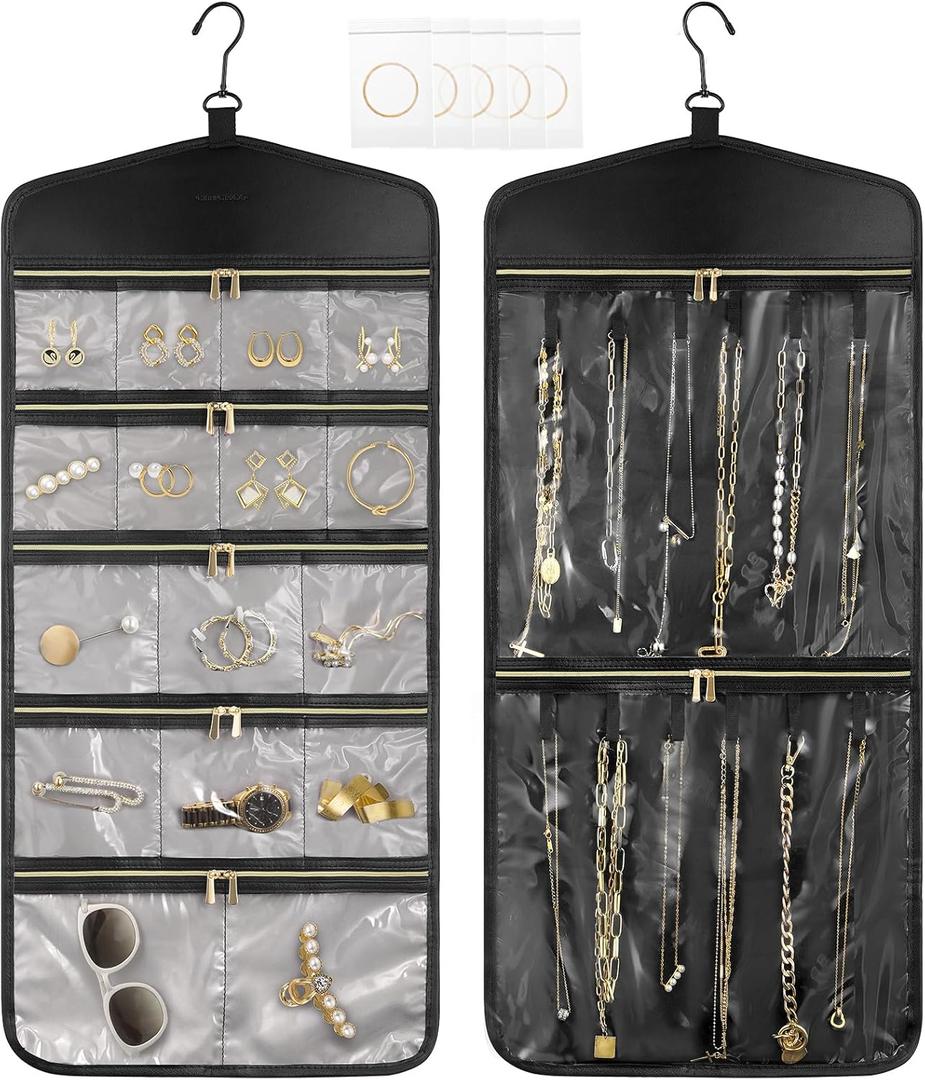 CHICECO Travel Jewelry Holder Organizer,Hanging Jewelry Organizer Storage with Zippered Pockets for Cloest,Jewelry Holder for Earrings, Necklaces (Grey Black)