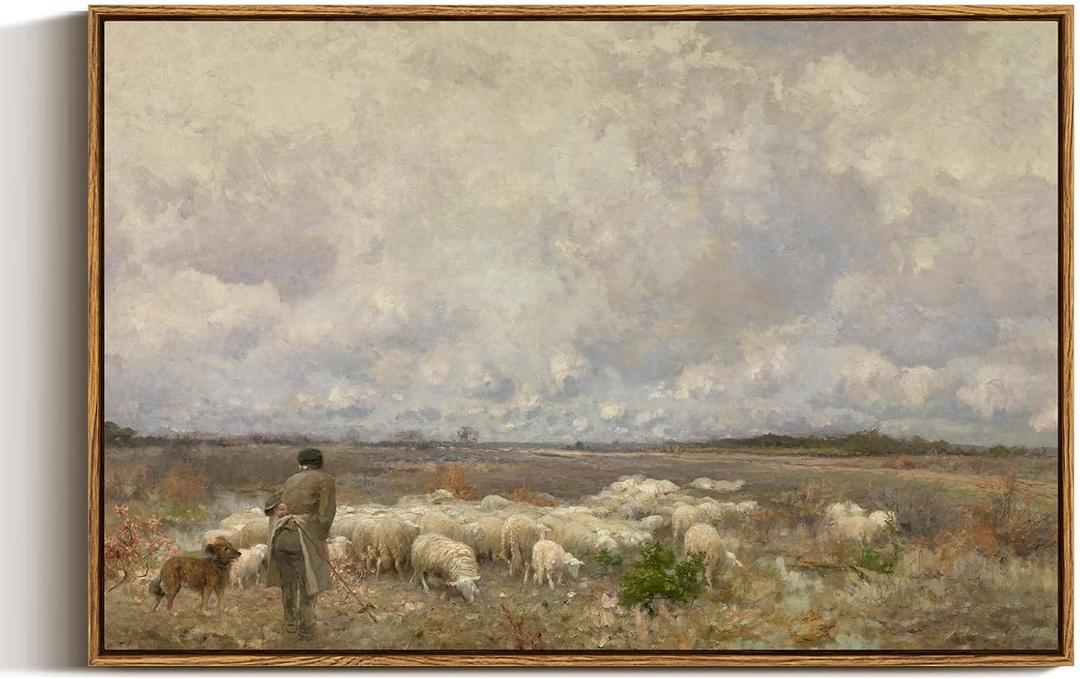 ARPEOTCY Large Framed Canvas Wall Art, Sheeps Pictures Decor, 20x30Inch, Bedroom Kitchen Rustic Farmhouse Retro Decor, French Country Vintage Cottage Art (30L" x 20W", Winter Pasture)