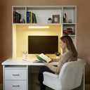 3 Tier Desktop Bookshelf with Rechargeable Eye-Friendly LED Desk Light, Desk Hutch Organizer with 5 Shelves, Wooden Desk Bookshelf for Office, Dorm and Small Space, White, Large