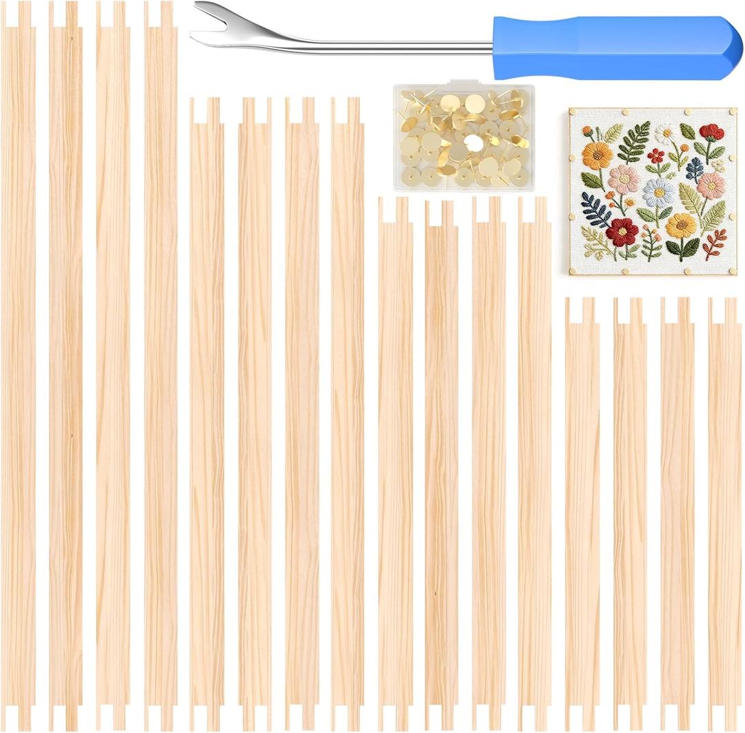16 PCS Stretcher Bars for Needlework, 4 Sizes Wooden Splicing Canvas Needlepoint Embroidery Stitch Frame Set with 50 Thumb Tacks & Tack Remover for Cross Stitch Hand Embroidery Art Craft Supplies